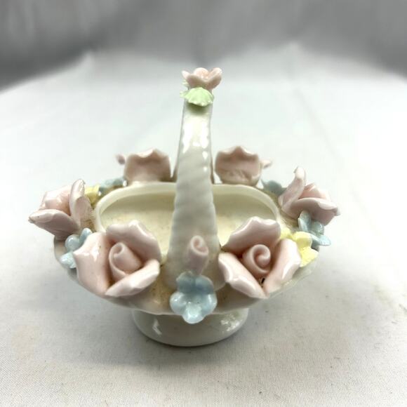 Vintage Porcelain  Pin Cushion Basket Pastels numbered 7716 Japan? pink blue - Picture 6 of 7